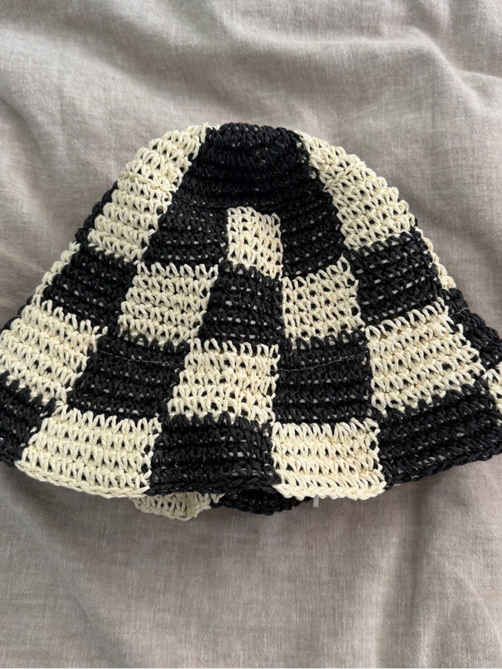 Black & Cream Crochet Checkerboard Bucket Hat